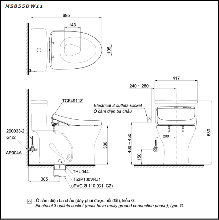 Bồn Cầu Một Khối TOTO MS855DW11 Kèm Nắp Rửa Điện Tử WASHLET Dòng S7