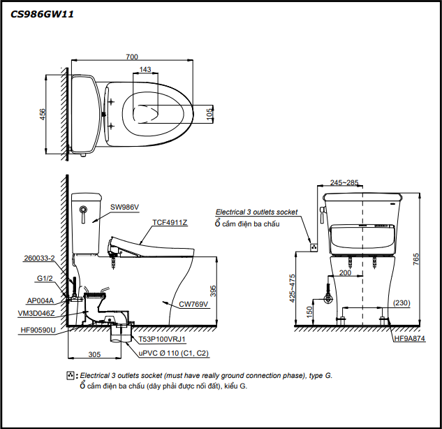 Bồn Cầu Hai Khối TOTO CS986GW11 Kèm Nắp Rửa Điện Tử WASHLET Dòng S7