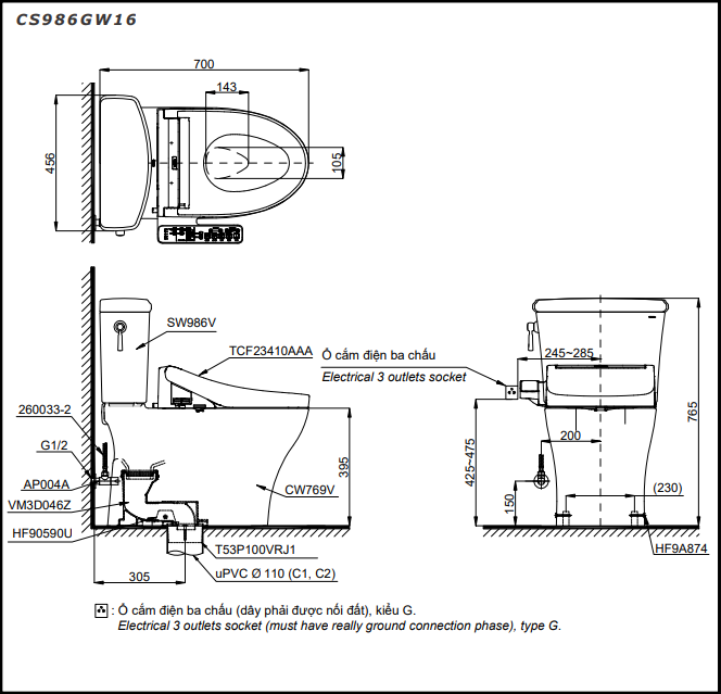 Bàn Cầu Hai Khối TOTO CS986GW16 Kèm Nắp Điện Tử Dòng C2