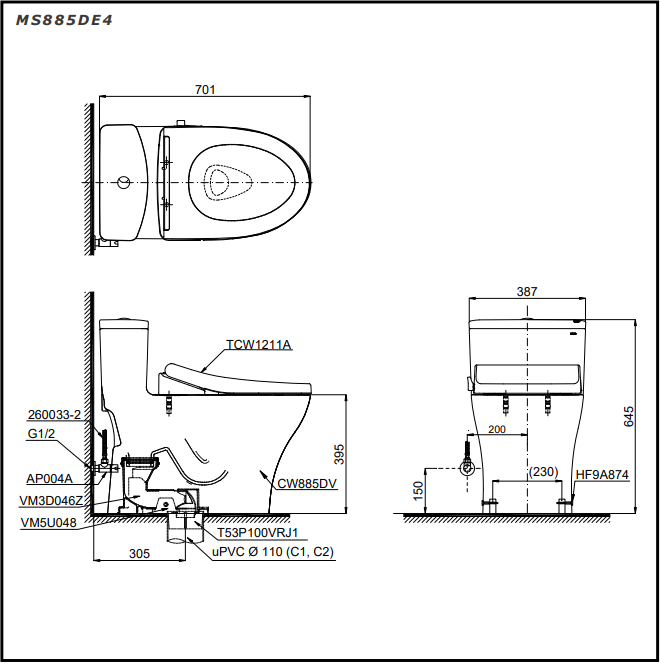 Bồn cầu một khối TOTO MS885DE4 kèm nắp rửa nước Cơ TCW1211A