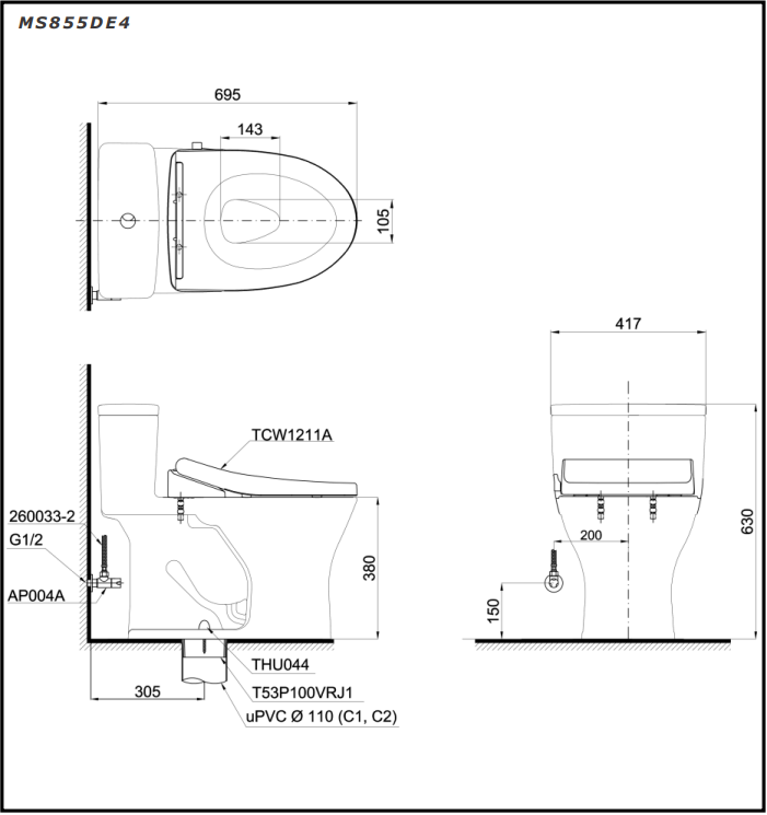 Bồn cầu 1 khối TOTO MS855DE4 kèm nắp rửa cơ TCW1211A