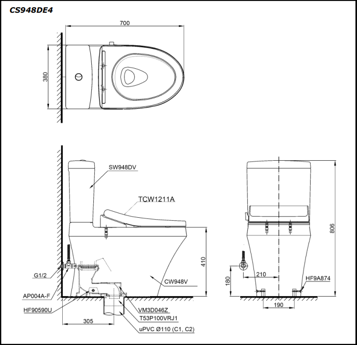Bàn Cầu Hai Khối TOTO CS948DE4 Kèm Nắp Cơ TCW1211A