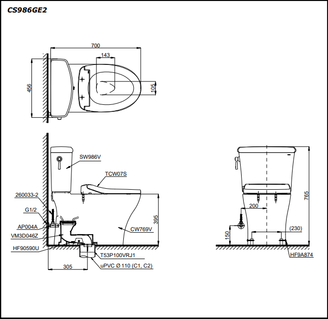 Bồn cầu hai khối TOTO CS986GE2 kèm nắp rửa cơ ECOWASHER TCW07S