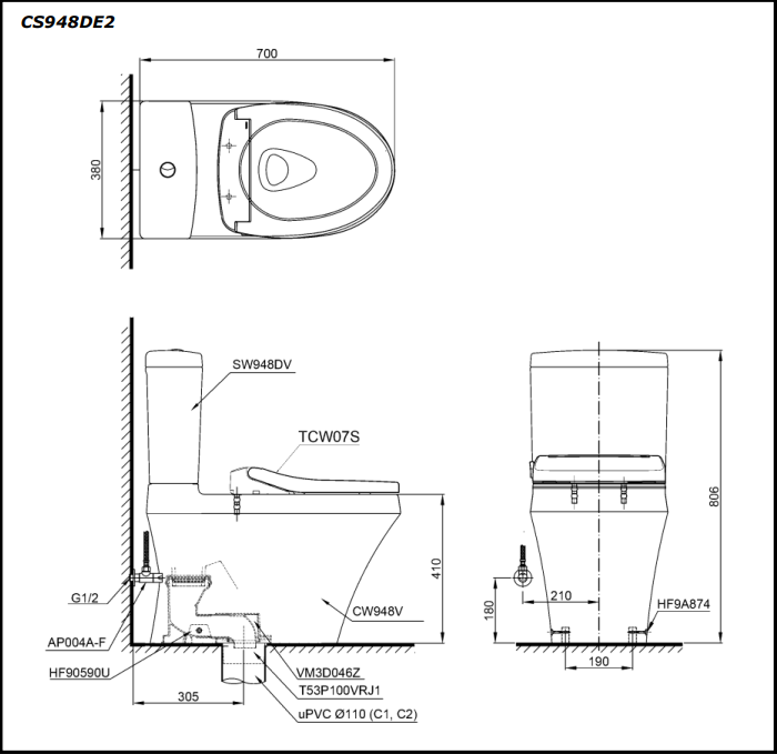 Bồn cầu hai khối TOTO CS948DE2 kèm nắp rửa cơ TCW07S
