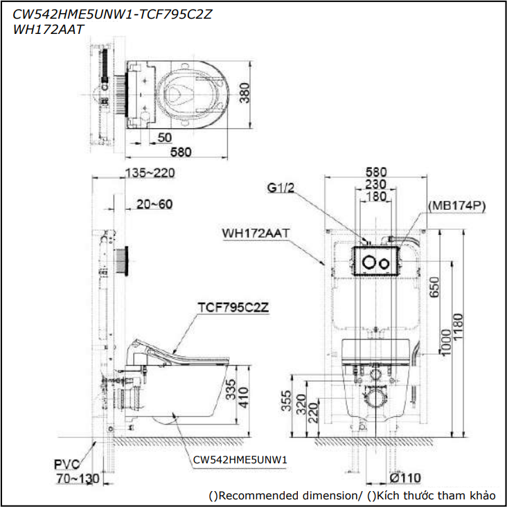 Bồn Cầu TOTO CW542HME5UNW1/TCF795C2Z/WH172AAT Nắp Điện Tử Treo Tường