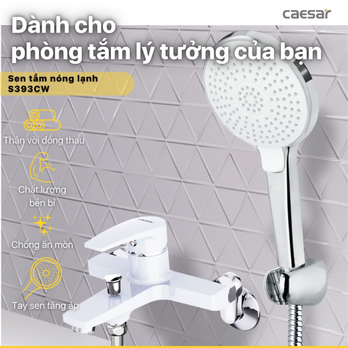 Vòi Sen Nóng Lạnh CAESAR S393CW Màu Trắng Tay Sen Massage