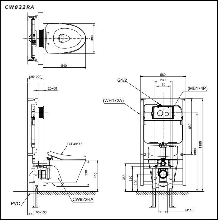 Bồn Cầu TOTO Treo Tường CW822RAW_WH172A_TCF4911ZNW1_MB176G