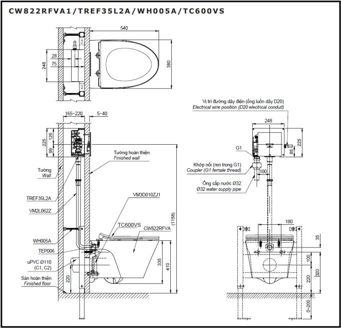 Bồn Cầu Treo Tường TOTO CW822RFVA1 Kem Van Xả Cảm Ứng