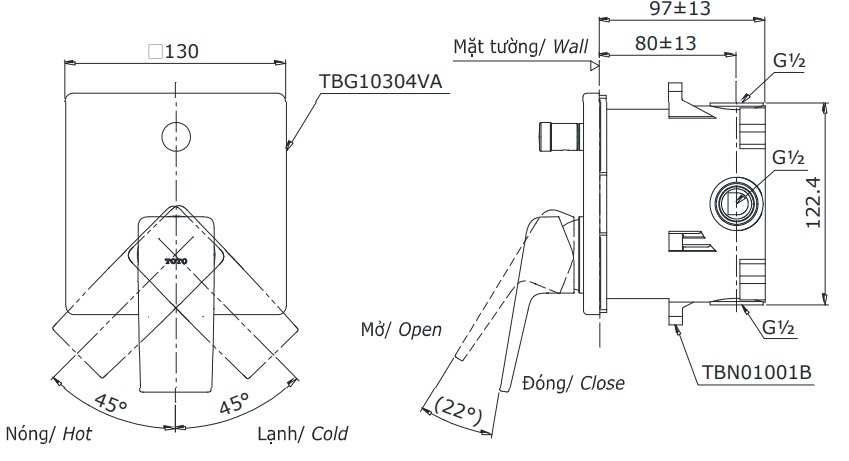 Van Điều Chỉnh Nóng Lạnh TOTO TBG10304V/TBN01001B (TBG10304VA) 2 Đường Nước