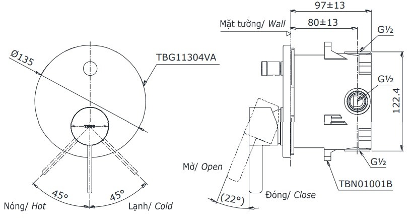 Van Điều Chỉnh Nóng Lạnh TOTO TBG11304V/TBN01001B (TBG11304VA) 2 Đường Nước