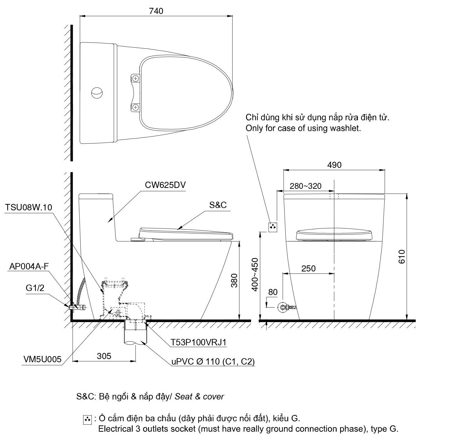 Bàn Cầu Một Khối TOTO MS625DW14 KèmNắp Điện Tử Dòng S5 TCF24410AAA