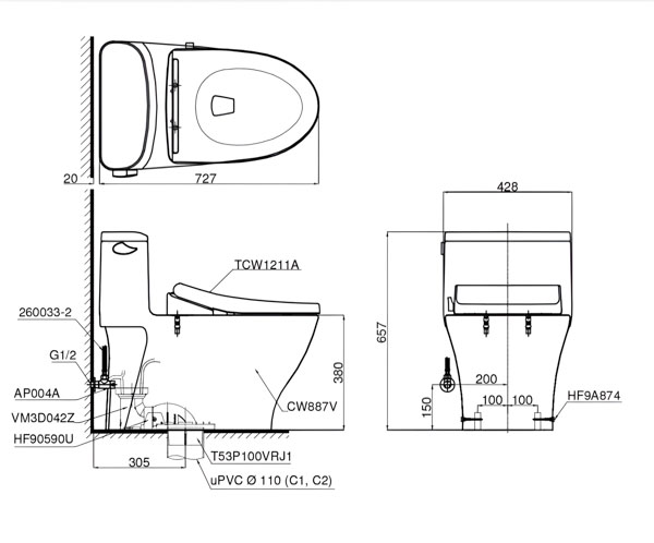 Bồn cầu 1 khối TOTO MS887RE4 kèm nắp rửa cơ TCW1211A