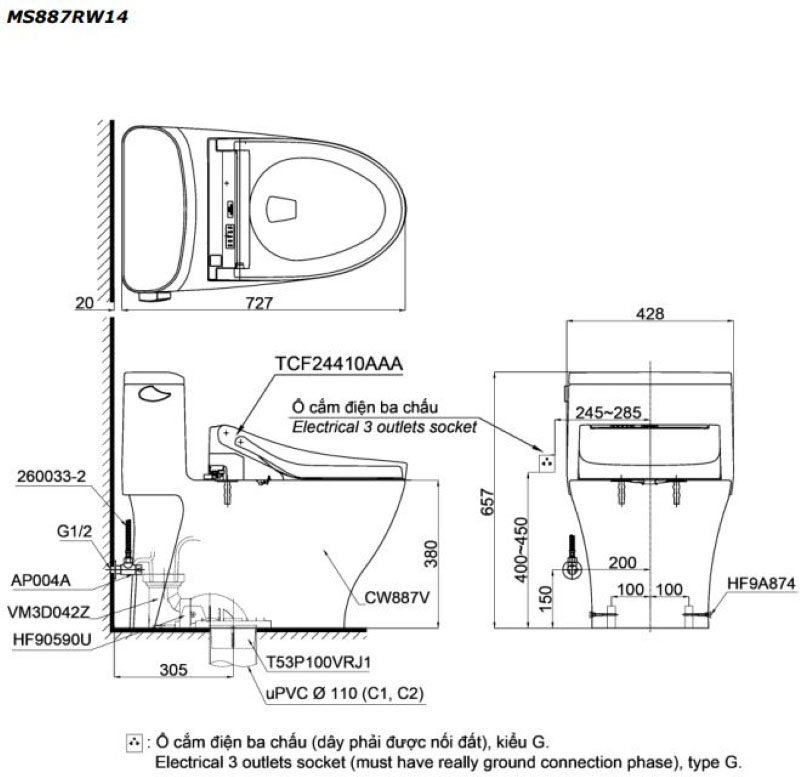 Bàn Cầu Một Khối TOTO MS887RW14 KèmNắp Điện Tử Dòng C5