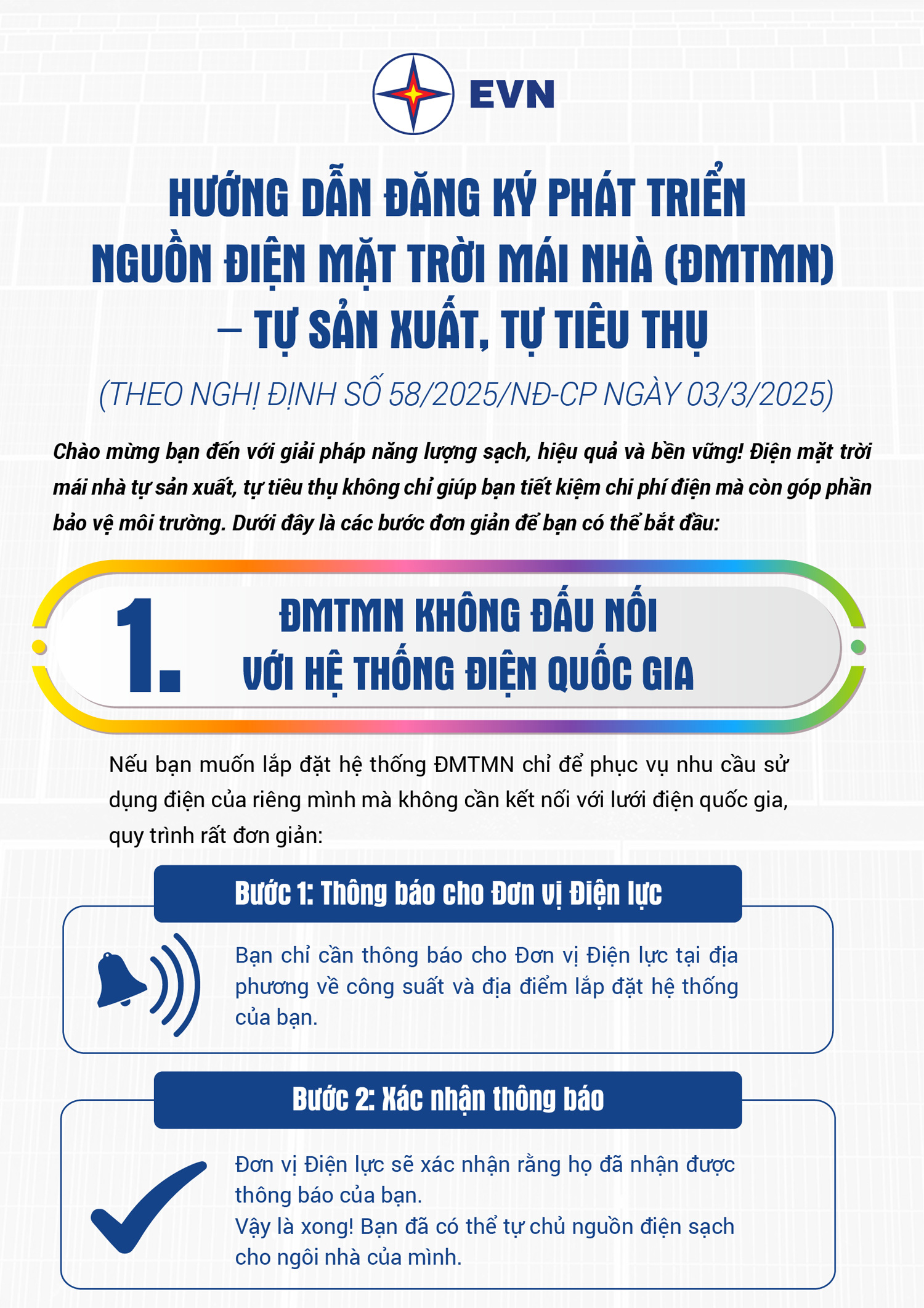 Hướng dẫn đăng ký phát triển nguồn điện mặt trời mái nhà (ĐMTMN) - tự sản xuất, tự tiêu thụ