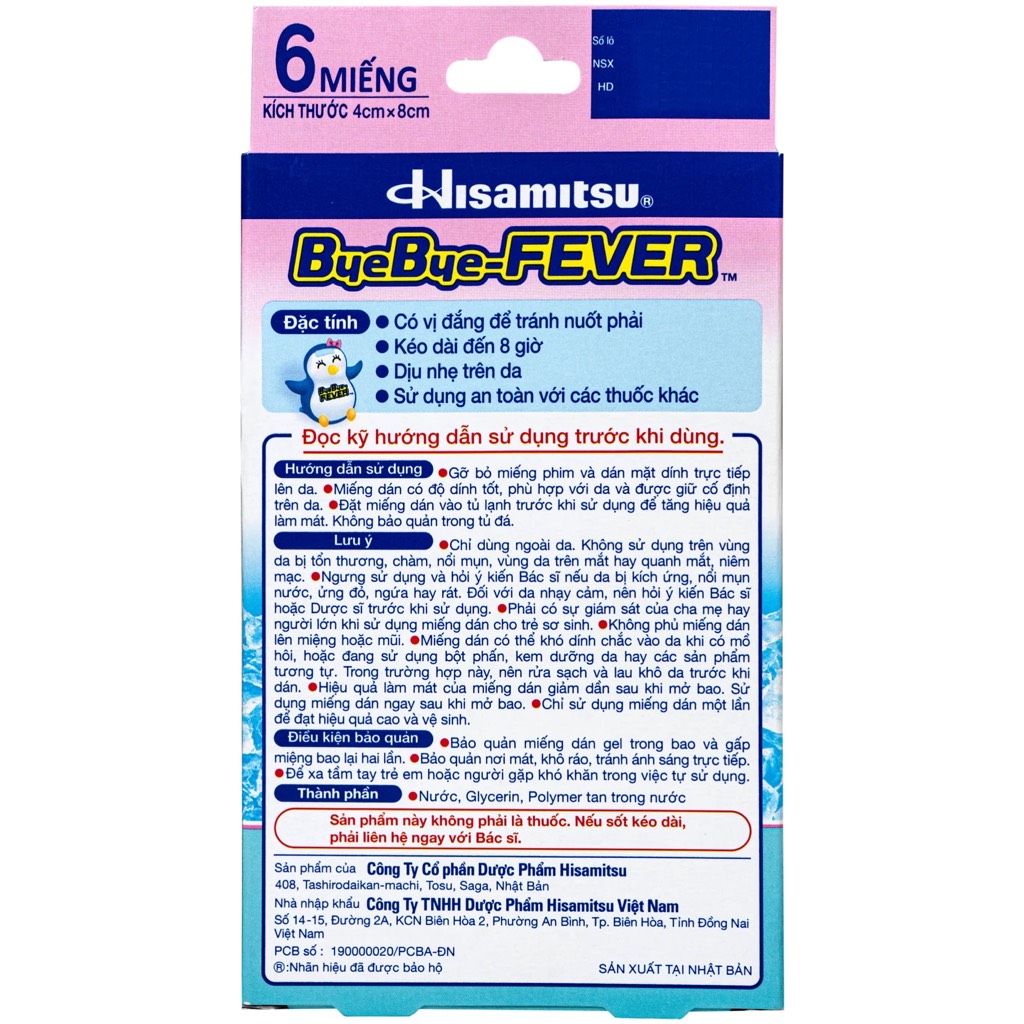 HỘP 6 MIẾNG DÁN HẠ SỐT BYEBYE FEVER 0-2 TUỔI