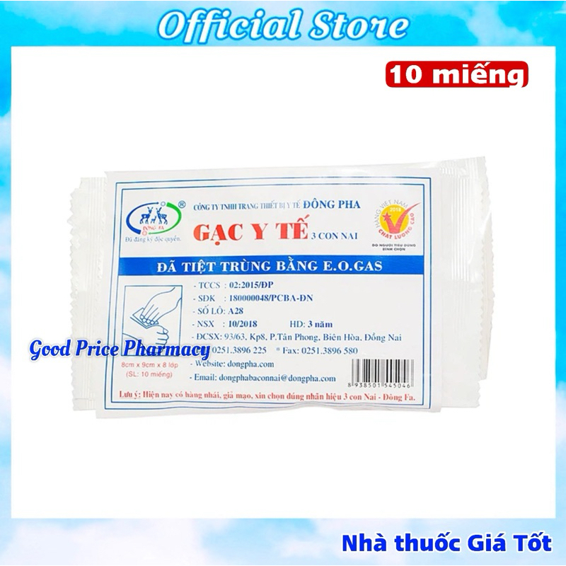 Gạc Y Tế Tiệt Trùng Đông Pha ( Ba Con Nai) Túi 10 Miếng