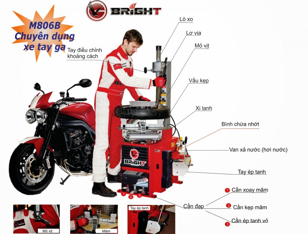 Máy ra vào lốp xe máy, xe điện, xe sân gôn liên doanh Italia Bright M806B