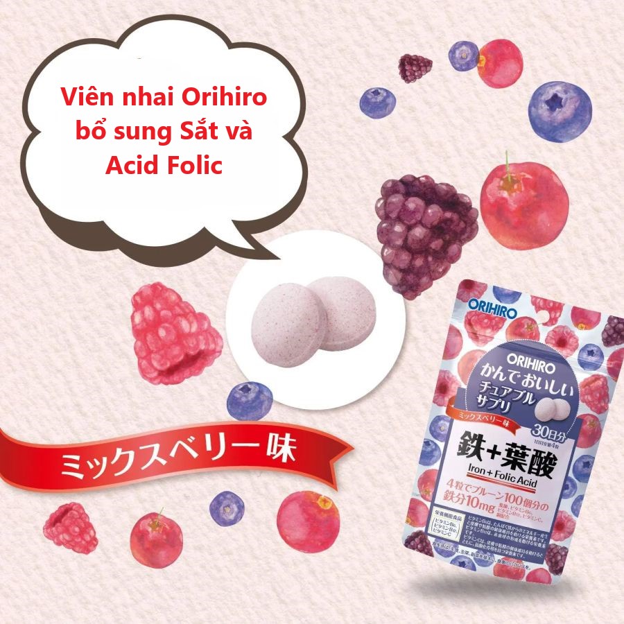 Viên nhai Orihiro bổ sung sắt và acid folic 120 viên