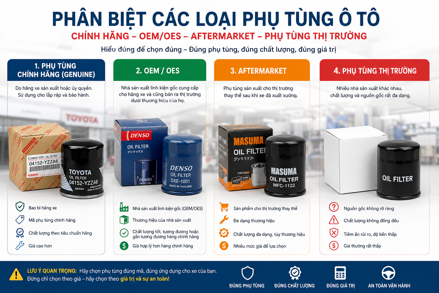 Phụ tùng ô tô chính hãng, OEM, OES và Aftermarket khác nhau như thế nào?