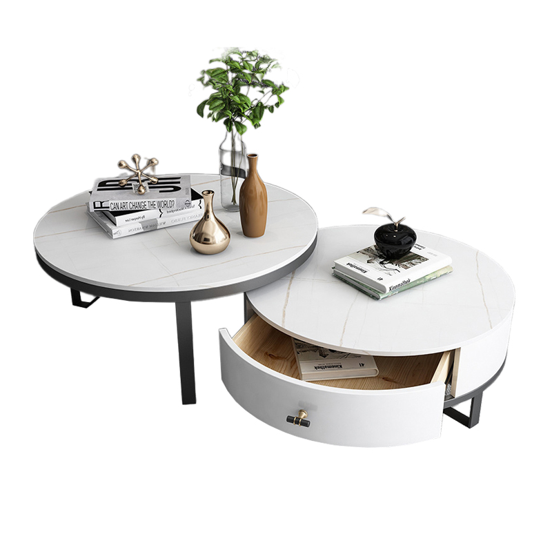 Bàn sofa đôi tròn có hộc kéo chân sắt hiện đại mặt đá ceramic BTS-98