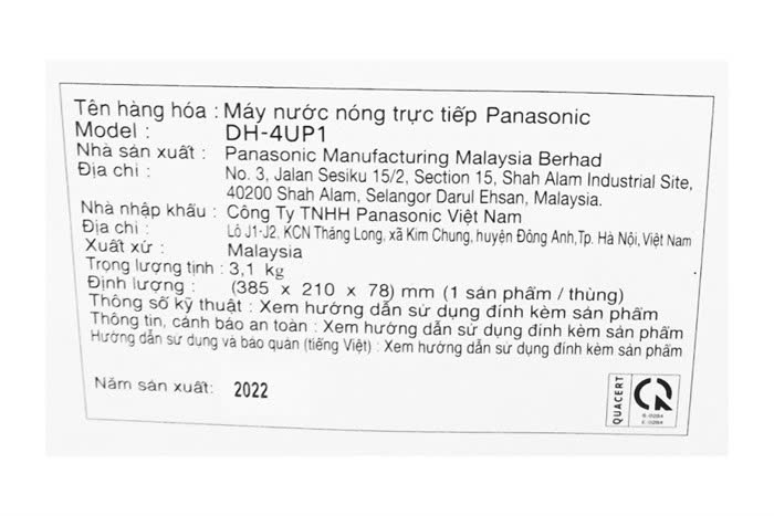 Máy tắm nước nóng PANASONIC DH-4UP1VW (có bơm)