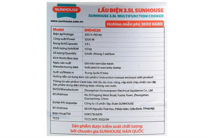 Nồi lẩu điện Sunhouse 3.5 lít SHD4528
