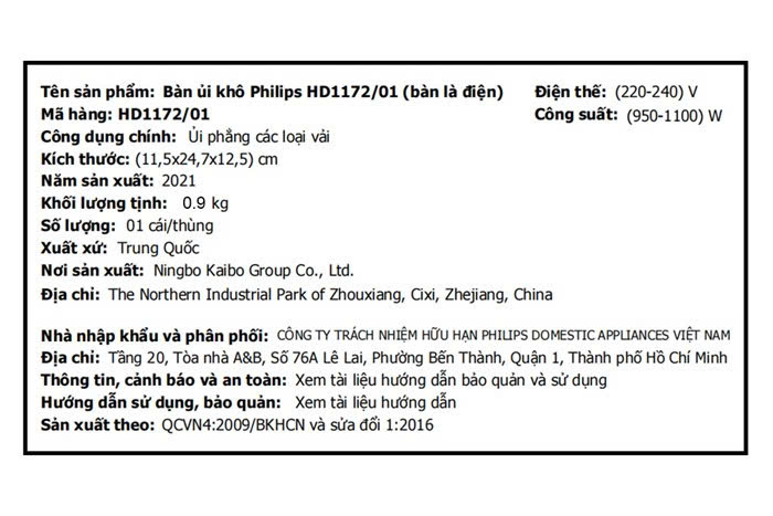 Bàn ủi khô Philips HD1172 1100W