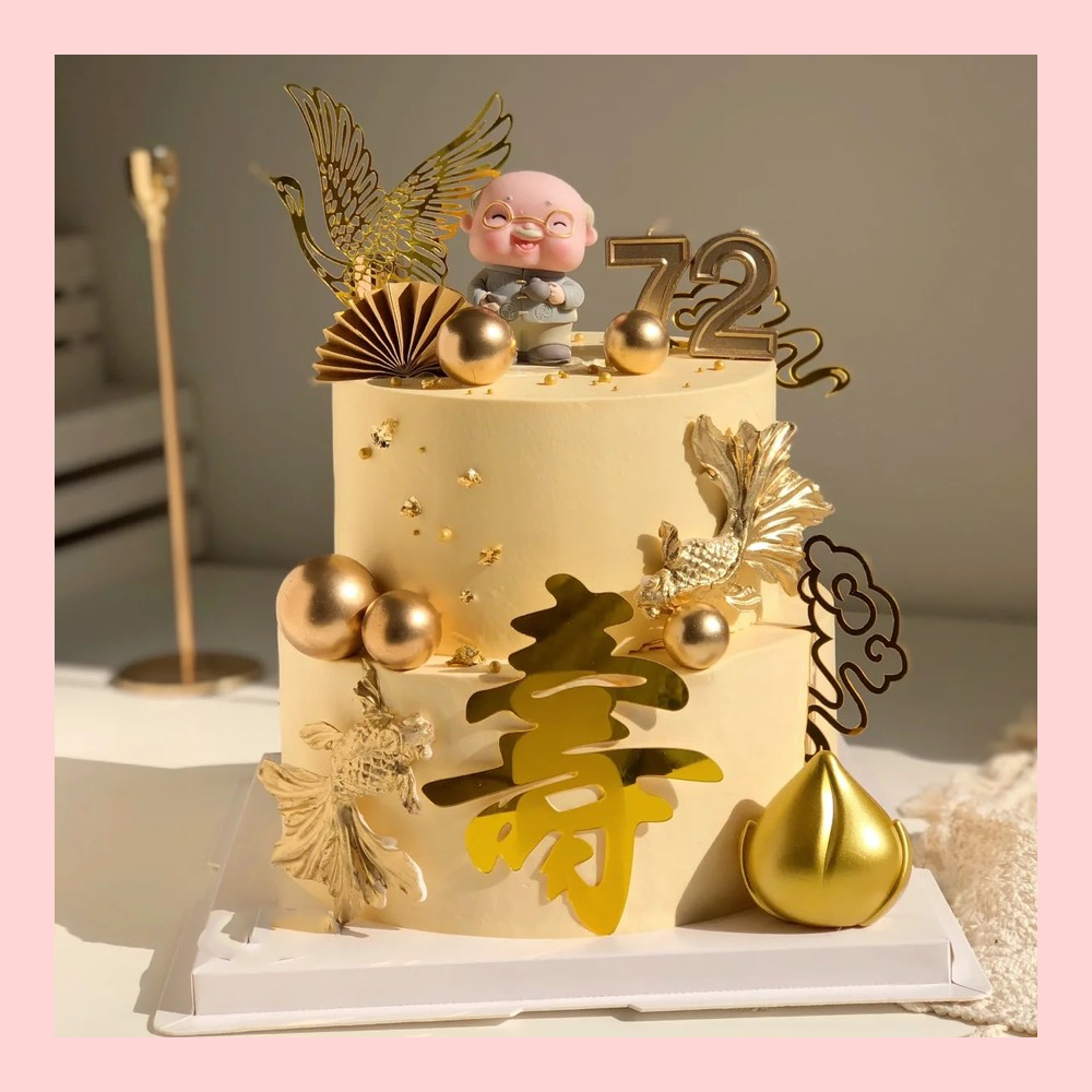 Bánh kem mừng thọ truyền thống tone vàng/hồng