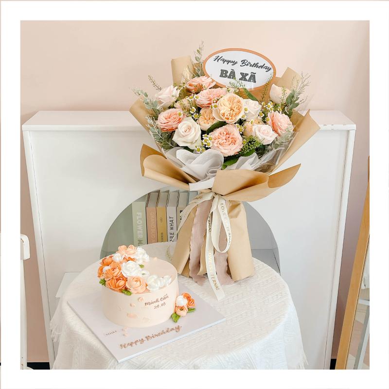 Set bánh & hoa tone cam