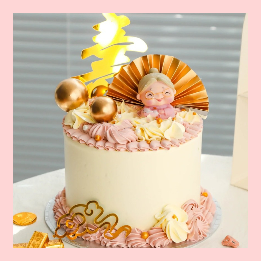 Bánh kem mừng thọ truyền thống tone vàng/hồng