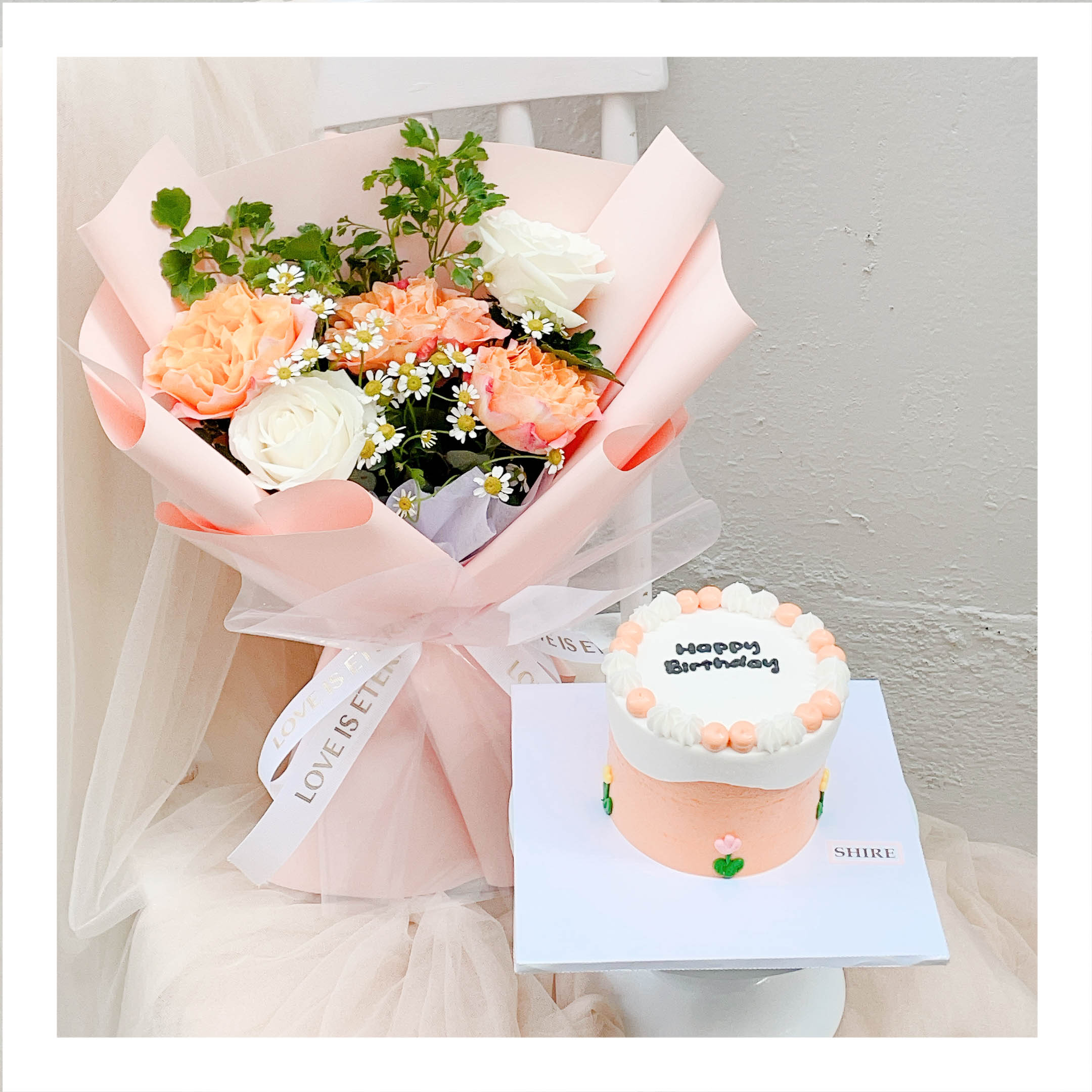 Set bánh & hoa tone cam