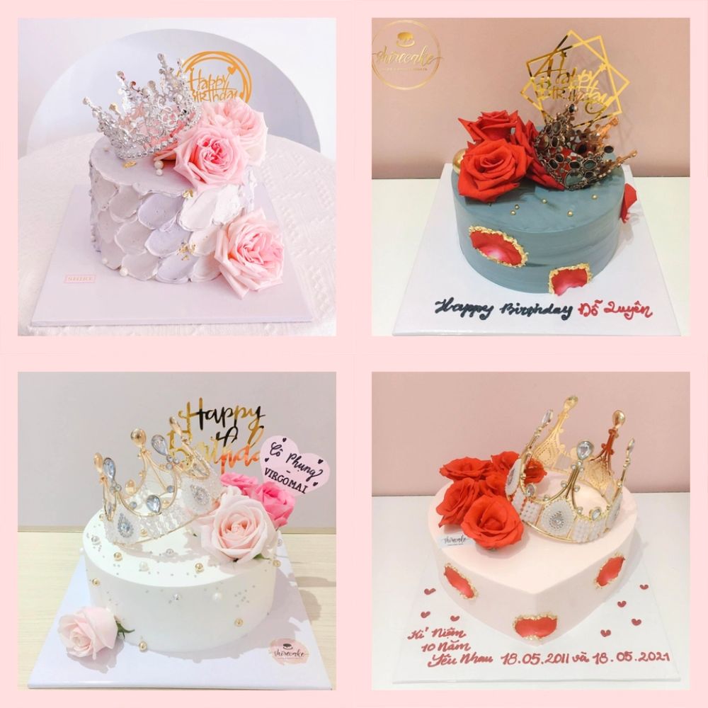 Bánh kem trang trí vương miện và hoa tươi - Bánh kem sinh nhật cho nữ