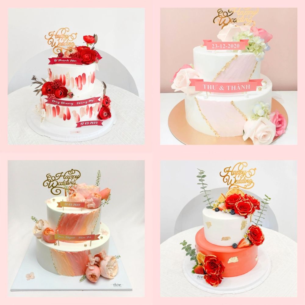 Bánh kem cưới bỏ quả 2 tầng trang trí hoa tươi