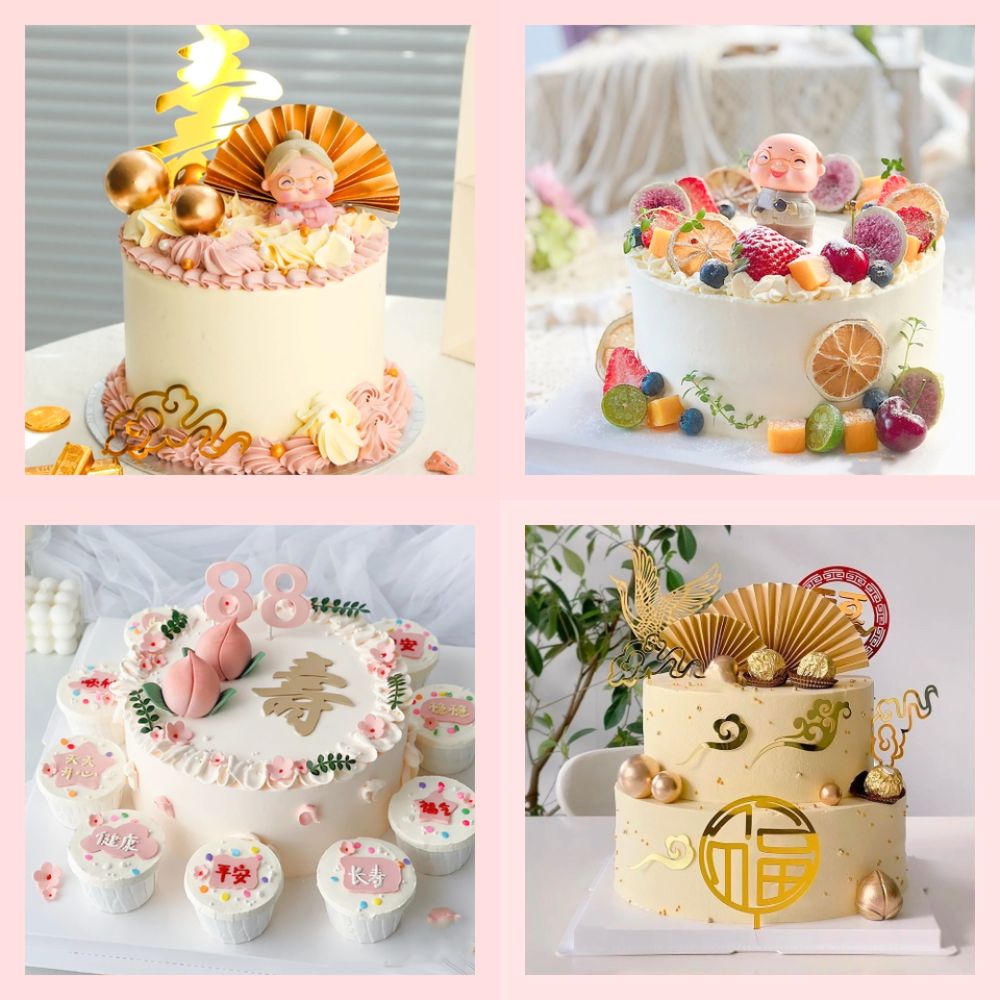 Bánh kem mừng thọ truyền thống tone vàng/hồng