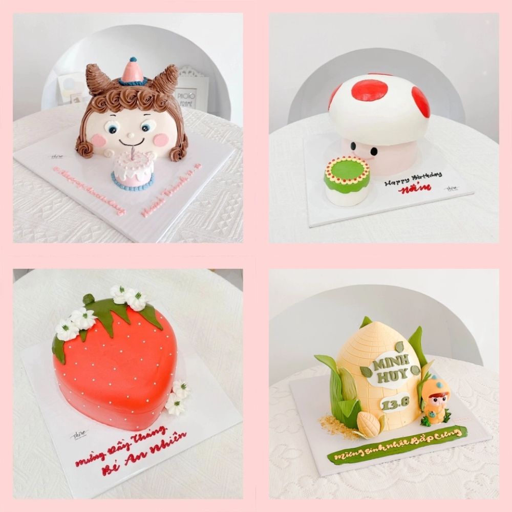 Bánh tạo hình bé gái/quả dâu/cây nấm/quả bắp 3D - Bánh sinh nhật trẻ em