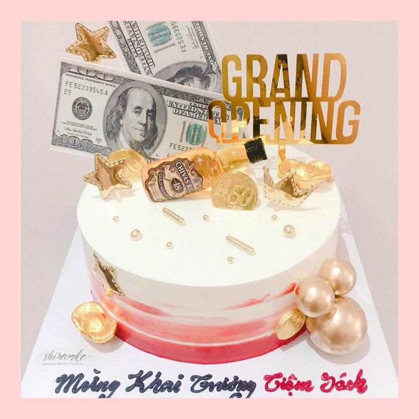 Bánh kem khai trương hình hũ vàng, túi vàng