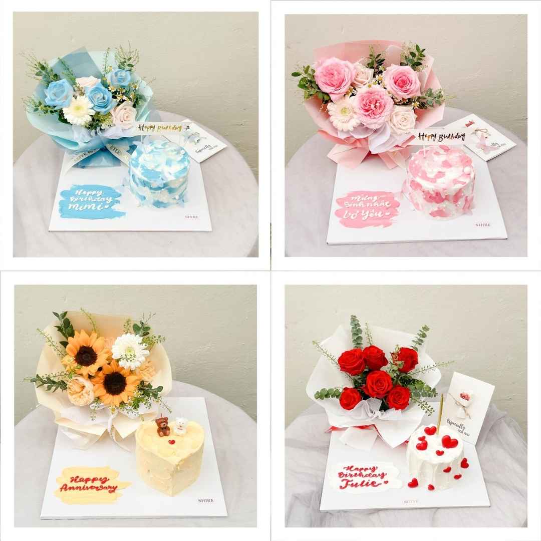 Set bánh kem & hoa tươi liền đế