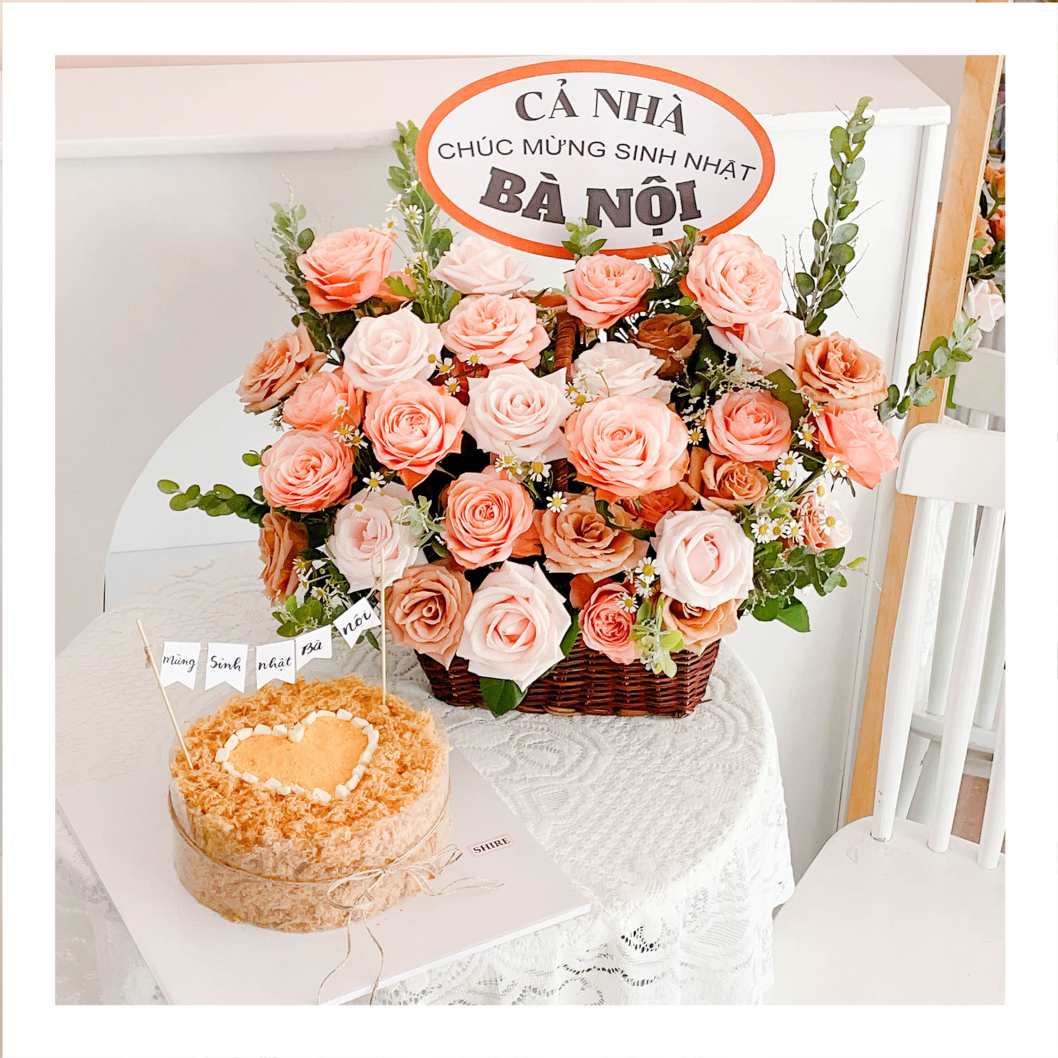 Set bánh & hoa tone cam