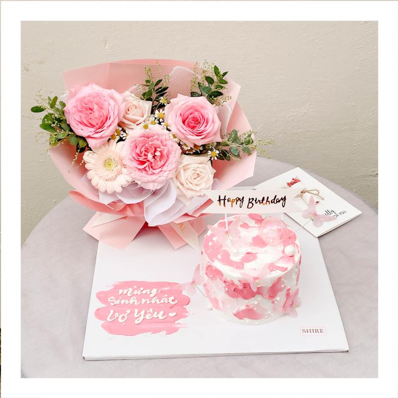 Set bánh kem & hoa tươi liền đế