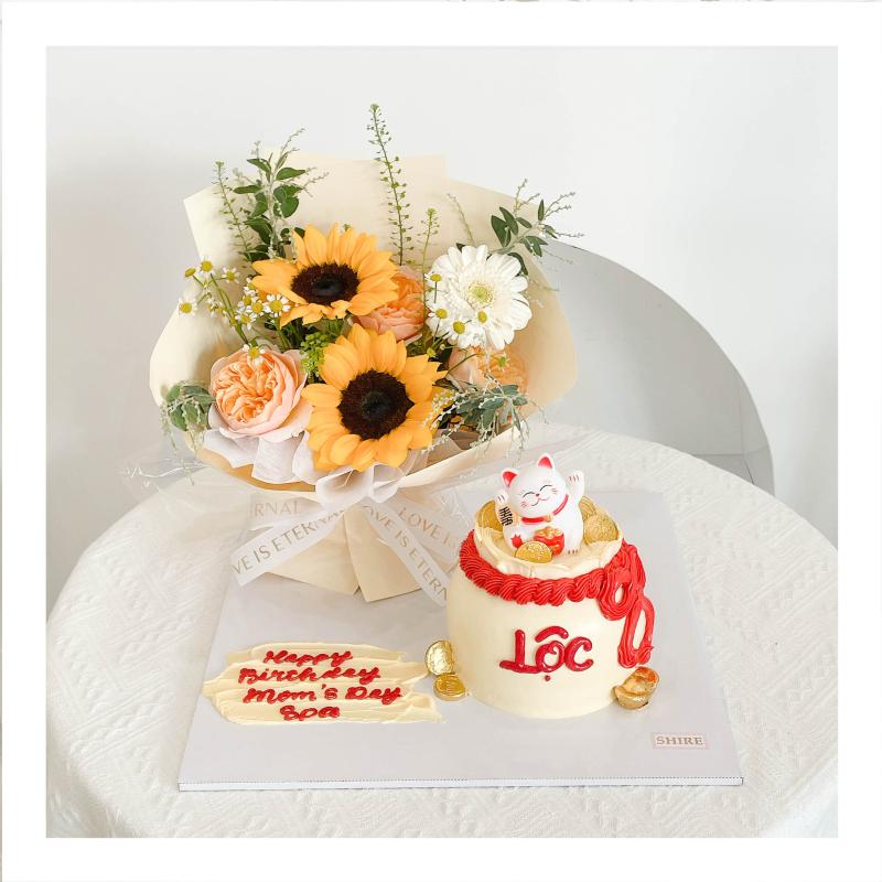 Set bánh kem & hoa tươi liền đế