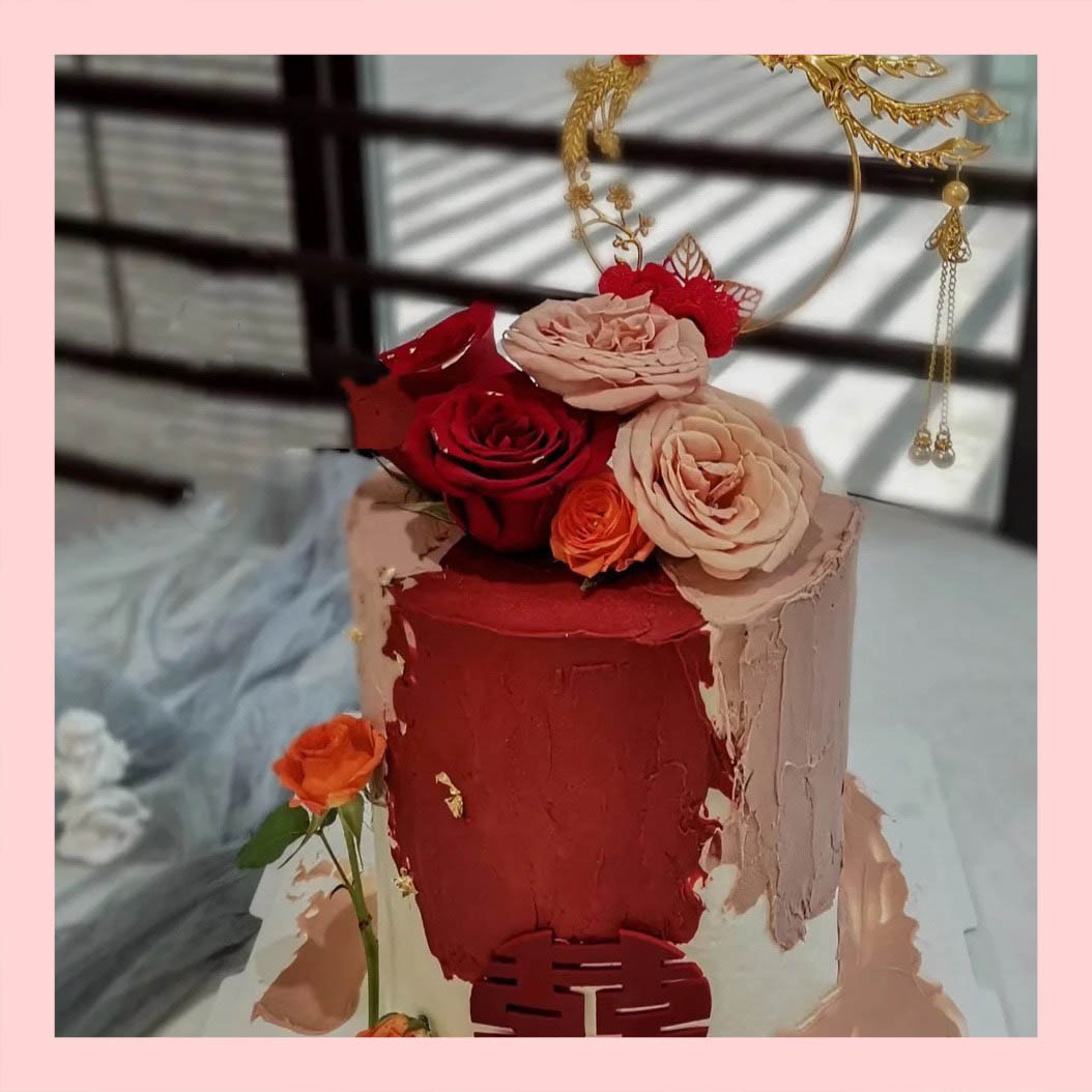 Bánh kem cưới tone đỏ phong cách Trung Hoa