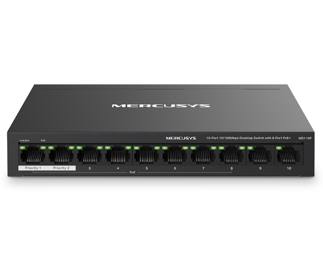 Poe 8 port | Thiết bị chuyên mạch đề bàn 10-Port 10/100Mbps với 8-port PoE+, MS110P, hiệu MERCUSYS | 8 port 100 + 2 port Uplink; 24T