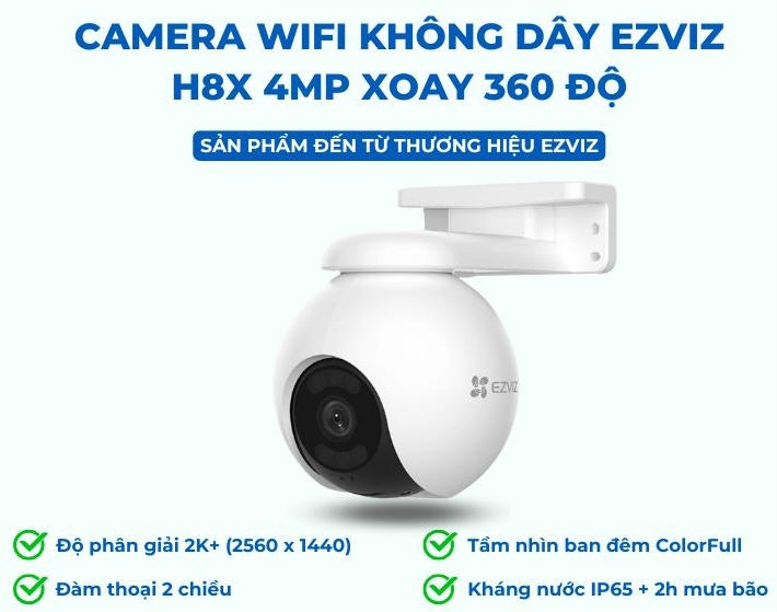 Camera Wi-Fi quay quét Ezviz H8x 2K⁺ | Ghi hình 2K sắc nét, quay quét 360° không điểm mù | Phát hiện người/phương tiện, giảm báo động sai | Đàm thoại hai chiều, tích hợp còi báo động thông minh; 24T