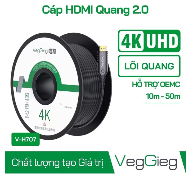 Cáp HDMI VEGGIEG sợi Quang chuẩn 2.0 hỗ trợ 4K 10m V-H707; 12T