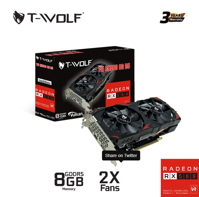 Cạc màn hình VGA T-WOLF TW-RX580 8G D5 V2.0(RX580/8GB/GDDR5/256bit/HDMI-DP-DVI/2Fan/6pin) | Màu đen | V+8%; 36T