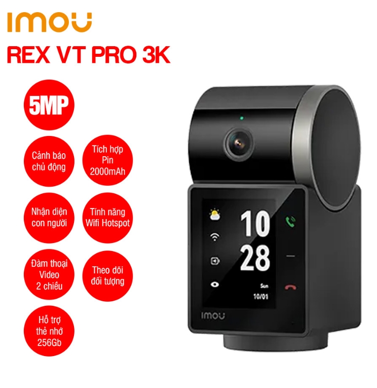 Camera Wifi iMOU IPC-S2VBP-5M0WR REX VT Pro | 5MP | Gọi Video 2 Chiều | Tích hợp pin 2000mAh,  cho thời gian sử dụng 4-6 giờ | Màn hình 2.4 inch | Phát hiện xâm nhập và cảnh báo | Còi hú và đèn cảnh báo; 24T