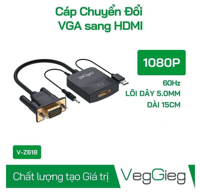 Bộ chuyển đổi VGA sang HDMI có dây Loa/Nguồn - V-Z618; 12T
