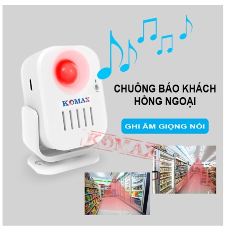 CHUÔNG BÁO KHÁCH KM-006B, KOMAX | Pin AAA hoặc nguồn DC 5V | Góc cảm ứng: 110 độ hình nón | Chiều xa: 2m - 8m | Âm lượng: ~120dB. Chỉnh được 4 mức âm lượng | Ghi âm : 20 giây | Âm báo nhiều kiểu nhạc, báo động... | Led báo: 1 bóng màu trắng (chỉ hoạt động khi trời tối) | Chưa gồm: Pin và Dock nguồn | FV; 24T