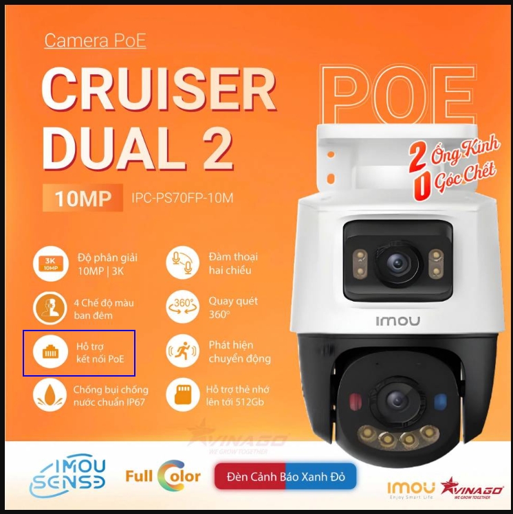 Camera IMOU PoE Cruiser Dual 2 10MP, 2 mắt, tích hợp Loa, Mic, Full Màu, Cảnh báo xanh đỏ, hỗ trợ thẻ 512G - IPC-PS70FP-10M; 24T