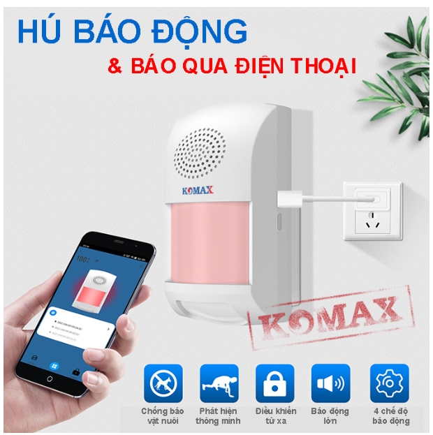 CHỐNG TRỘM HỒNG NGOẠI DÙNG WIFI KM-X10, hiệu KOMAX |  Kết nối với mạng wifi và điều khiển tất cà qua App | Khi có trộm đi vào vùng quét của cảm biến, nó sẽ hú tại chỗ và báo qua App trên điện thoại thông qua wifi | FV; 12T